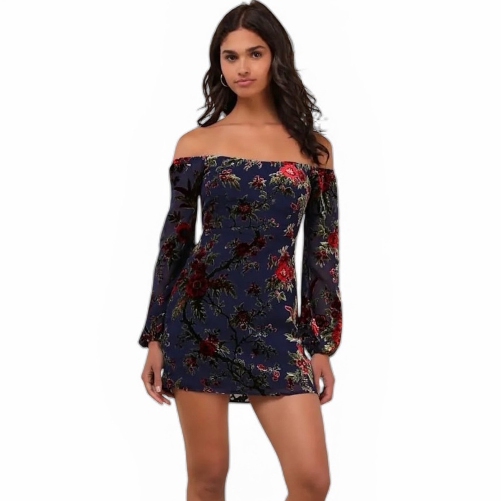 NWT Lulus Velvet Floral Off Shoulder Mini Dress XS Dark Romance Goth Whimsigoth